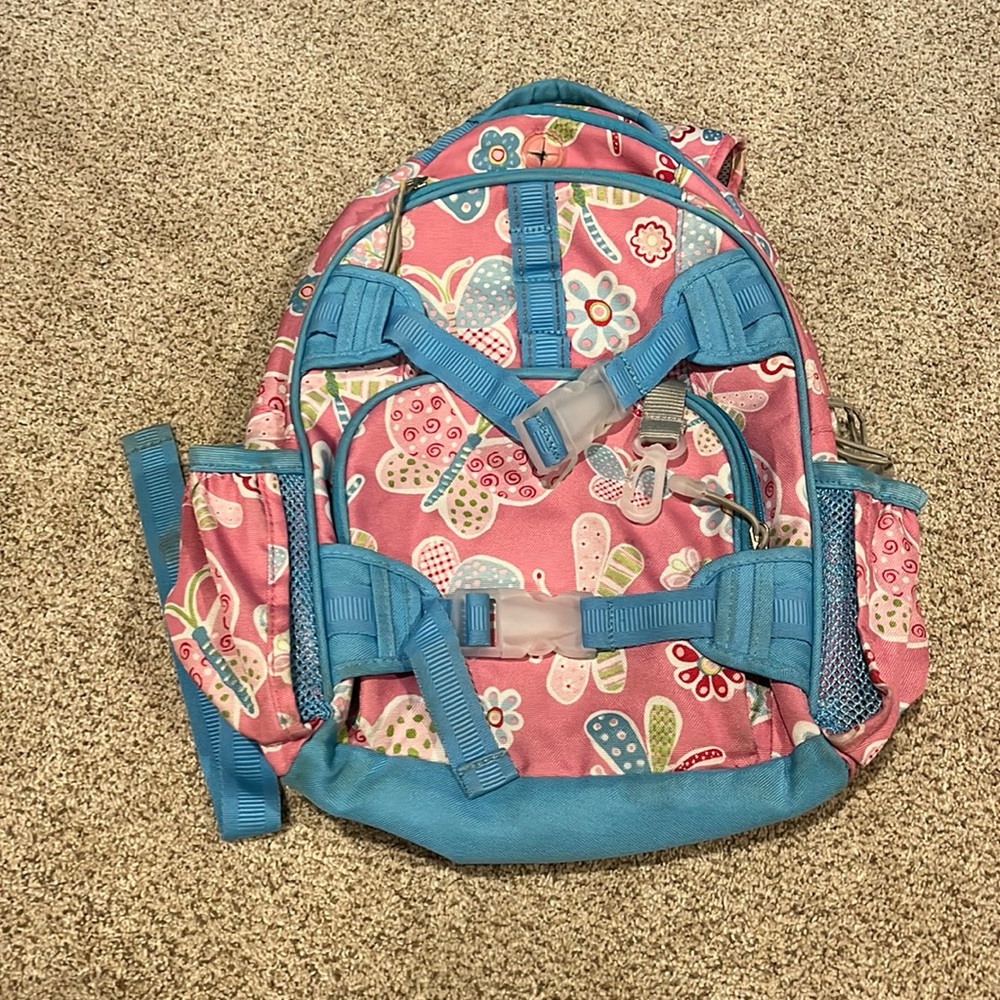 Girls, butterfly, flower, school, backpack.
